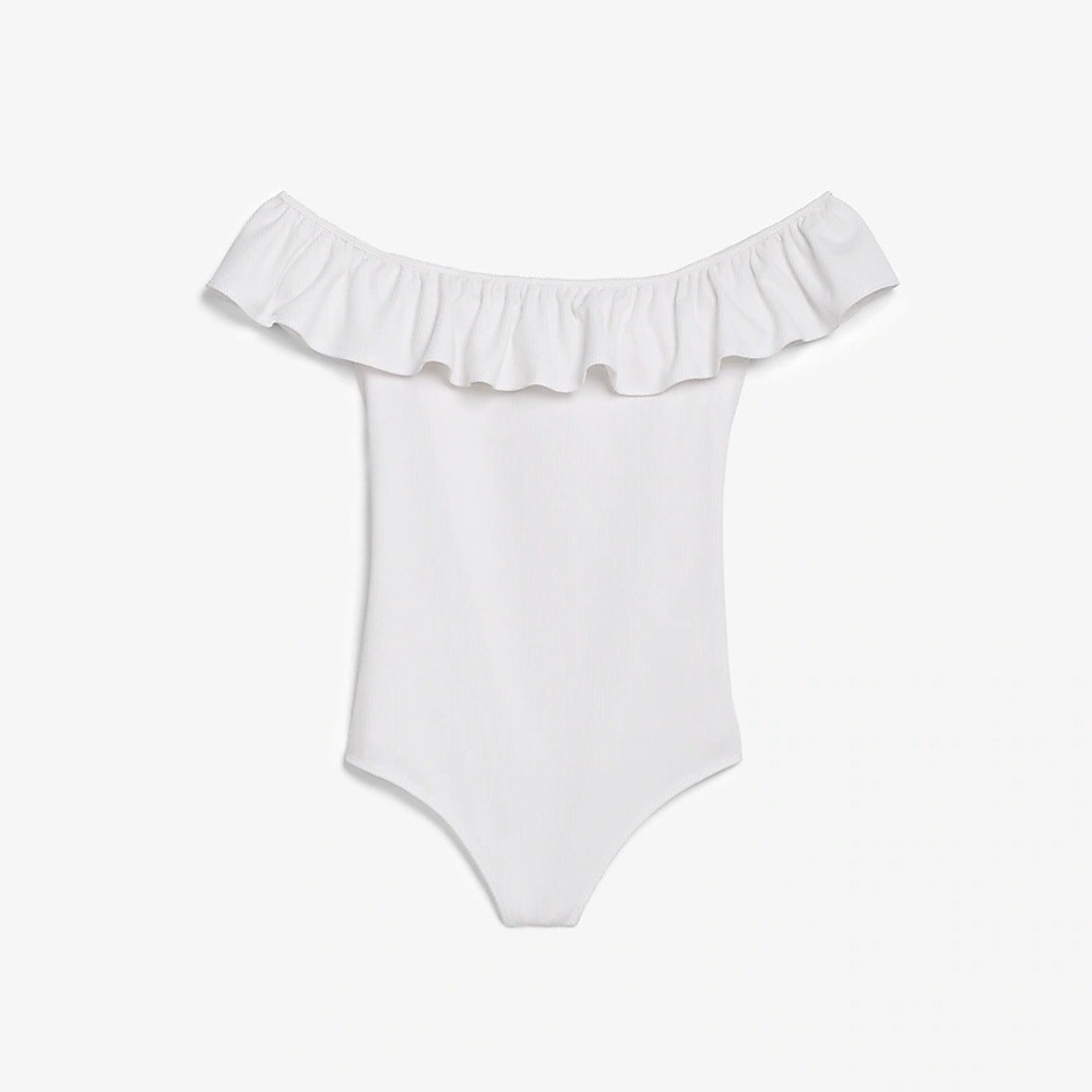 Express Ribbed Ruffle Off The Shoulder Bodysuit